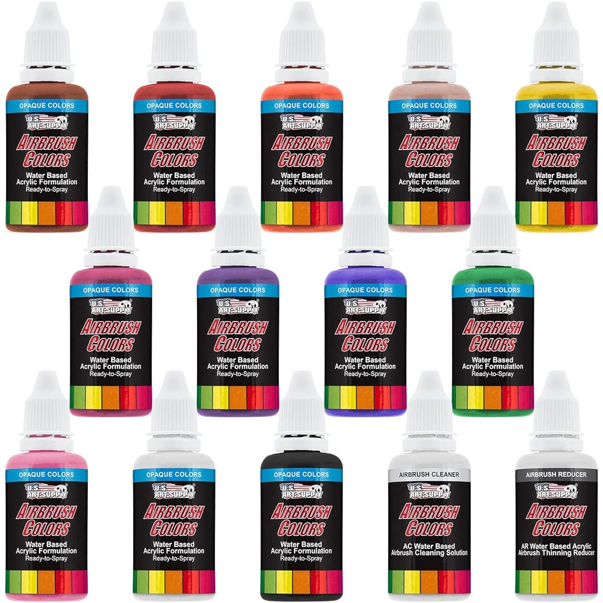 US Art Supply 12 Color Primary Opaque Colors Acrylic Airbrush Paint Set with Reducer & Cleaner 1 oz. Bottles by US Art Supply