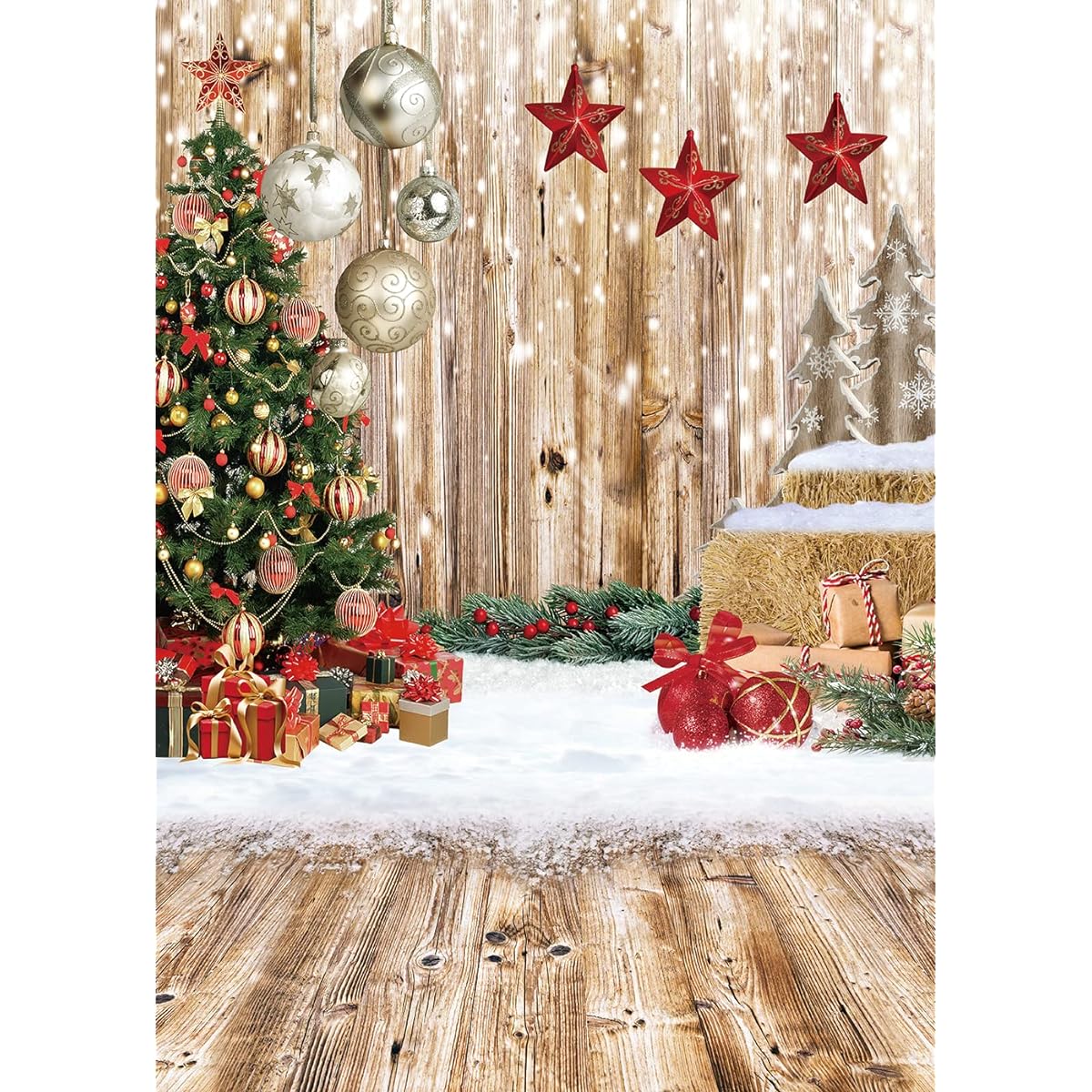 Dudaacvt 6x8ft Christmas Backdrop Christmas Tree Gifts Snow Vintage Wood Floor Background New Year Party Backdrop Christmas House Party Background D647