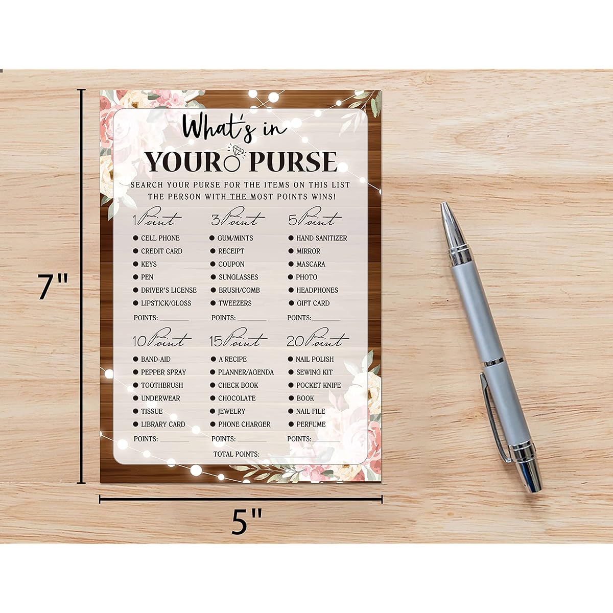 Bridal Shower Game Cards What's In Your Purse Game, Rustic Wooden Pink Floral Engagement Party Cards for Weddings Set of 30 (Brown) 011)