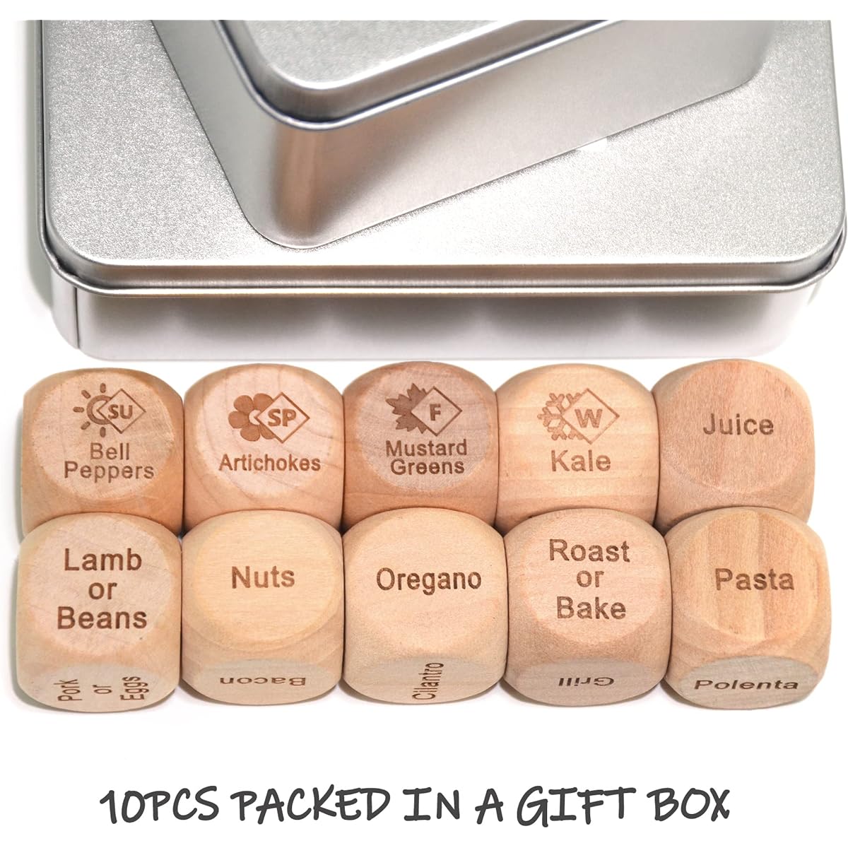 UPTTHOW 10pcs Food Dice Cooking Gadgets Laser Engraved Wooden Dice Seasonal Vegetables Dinner Happy Hour Couples Games Date Night Ideas Christmas Cooking Foodie Gifts 2.5cm