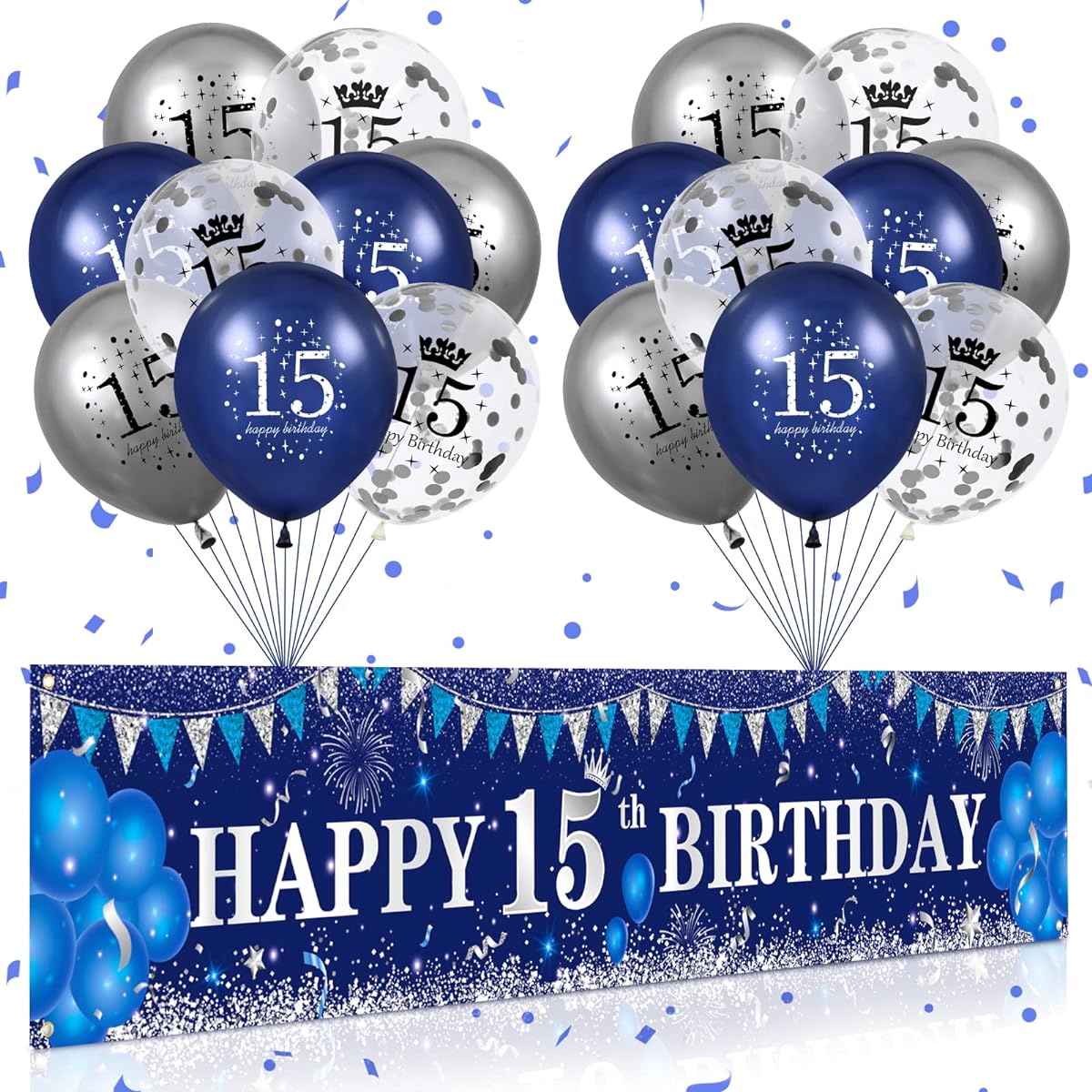Blue 15th Birthday Decorations for Boys and Girls, Navy Blue and Silver Happy 15th Birthday Yard Banner, 15th Birthday Balloons, 15th Birthday Anniversary Party Supplies