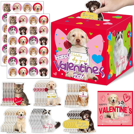 48 Pack Pet Valentine Cards for Kids with DIY Box Dog Cat Valentines Day Card Set for School Classroom Girls Boys Valentines Day Gift Exchange Game Party Favors (1 Mailbox, 49 Cards, 50 Stickers)