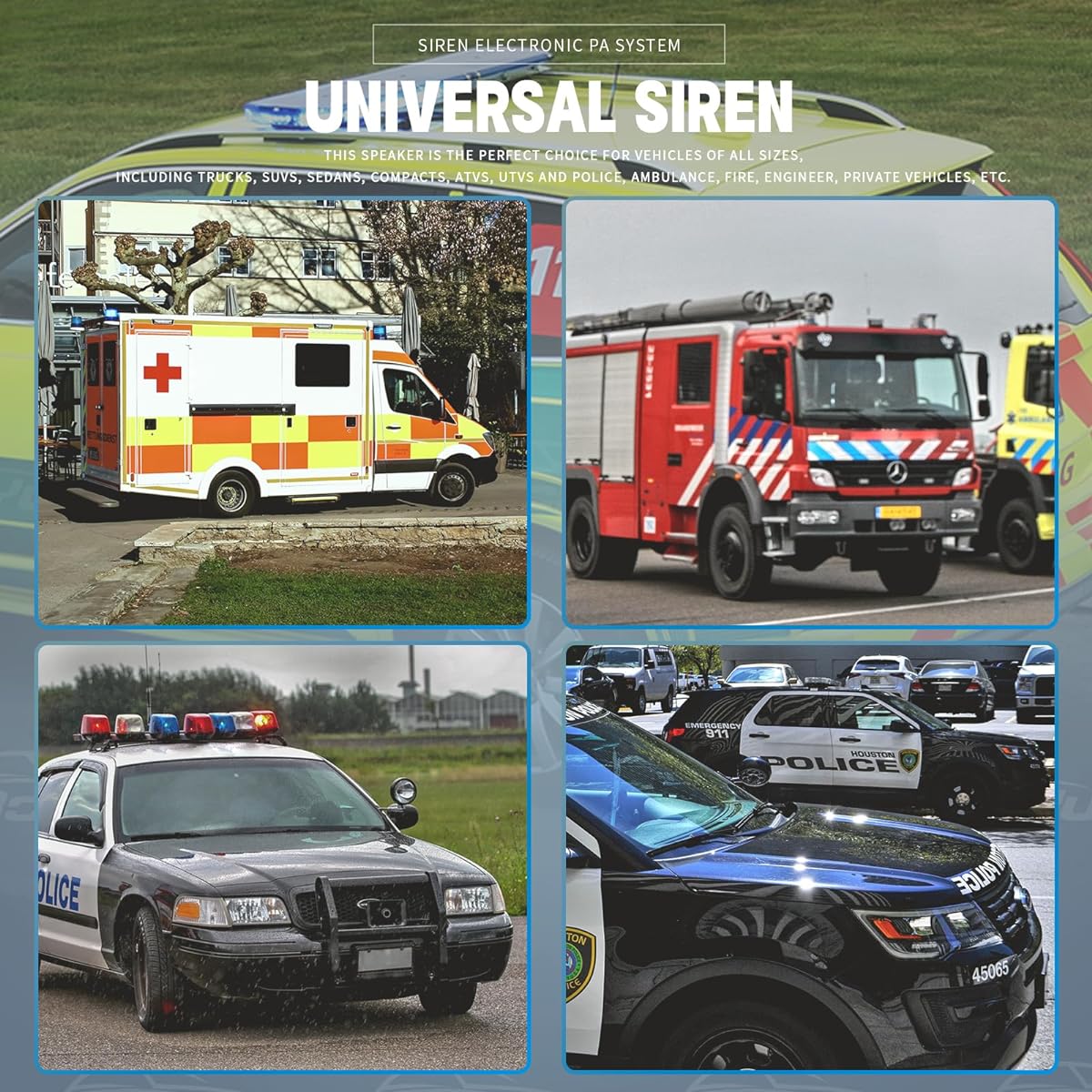 BooYu 9 Tone 12V 200W Warning Emergency Police Siren PA System [Silver Steel Speaker] [Handheld Microphone] [Hands Free] [125-135dB] [2 x 10A Switch] for Firefighter Ambulance Truck SUV ATV UTV