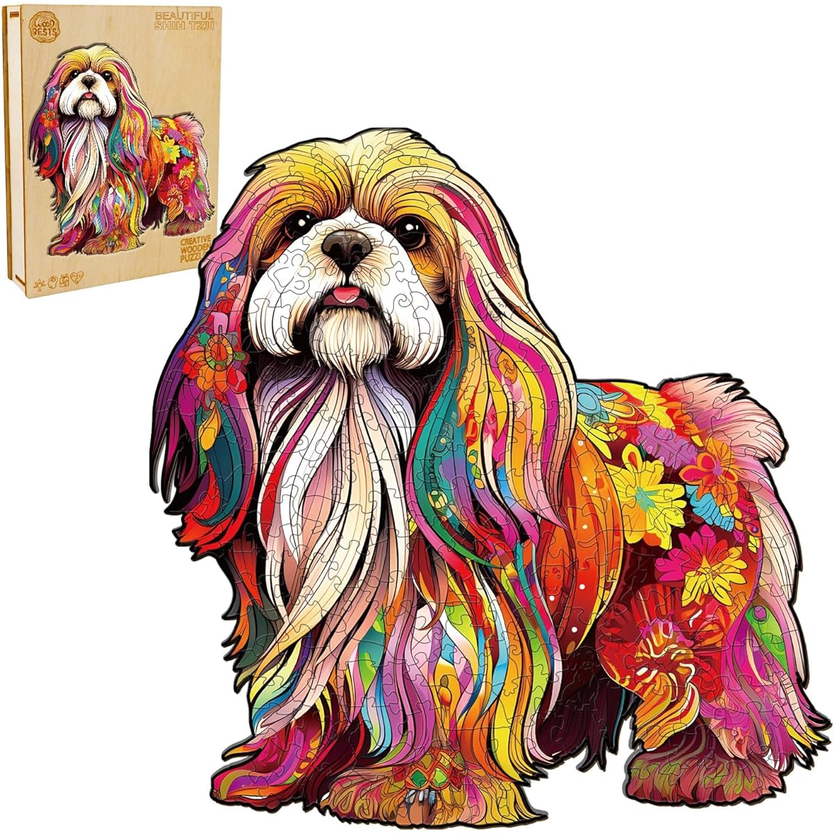 Wooden Puzzle for Adults Shih Tzu Dog Shape Wooden Puzzle Unique Shape Lhasa Apso Wooden Jigsaw Puzzle Best Gift for Christmas Family Game Puzzle (M, 200 Pieces)