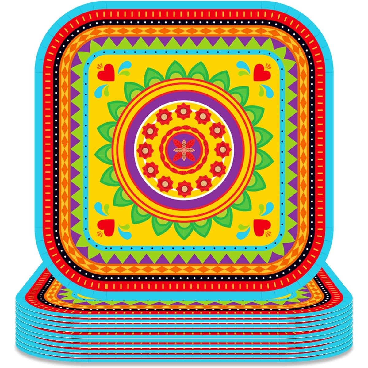 24 Pack 9 Inch Mexican Fiesta Dessert Paper Plates Mexican Cactus Colorful Square Disposable Dinner Party Plates Set Mexican Fiesta Theme Paper Plates Baby Shower Birthday Party Supplies