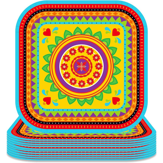 24 Pack 9 Inch Mexican Fiesta Dessert Paper Plates Mexican Cactus Colorful Square Disposable Dinner Party Plates Set Mexican Fiesta Theme Paper Plates Baby Shower Birthday Party Supplies