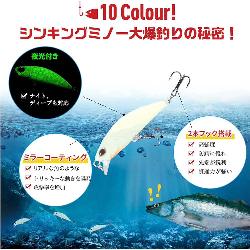 Minnow lure set sinking minnow 6cm 4.5g 10 pieces fishing lure set mountain stream trout lure explosive fishing minnow with lip double hook sea bass flounder [6cm 4.5g 10 colors set with case]