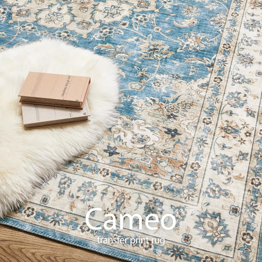 Hagiwara Rug Blue Approx. 190 x 240cm "Cameo" Transfer Print Rug Machine Washable Non-Slip Processed Hot Suitable