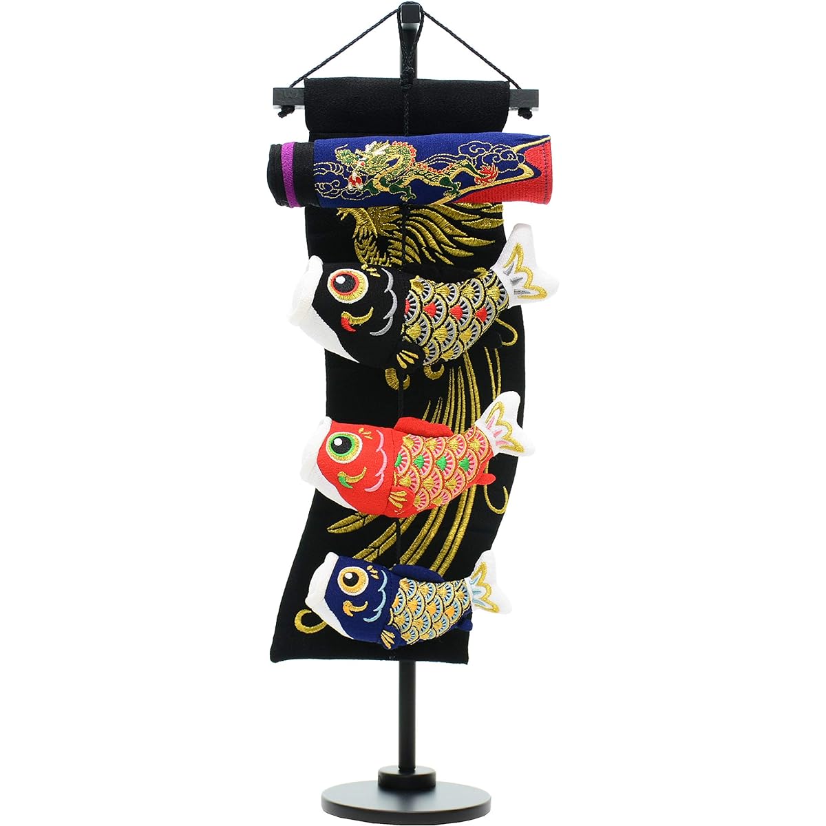 Indoor carp streamer set with stand, crepe hanging carp decoration, hanging decoration, height approx. 52 cm, tapestry included (gold and black phoenix)