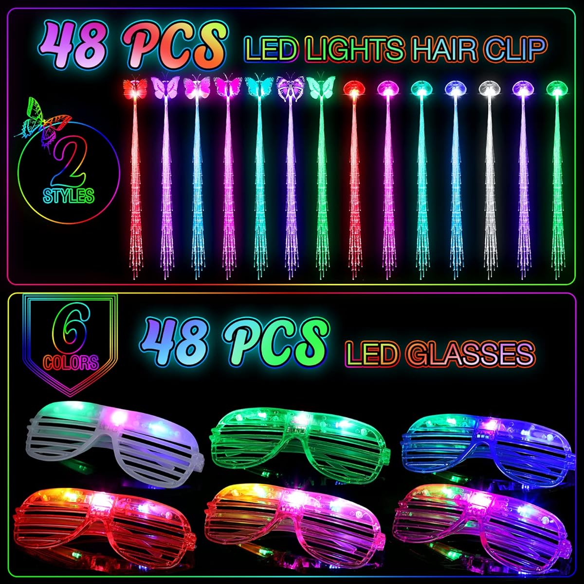 96 Pieces LED Light Up Party Toys Glow in the Dark Party Favors LED Hair Accessories Light Up Hair Clips 48 Pieces Flashing LED Glasses for Adults Teens Birthday Neon Party Favors