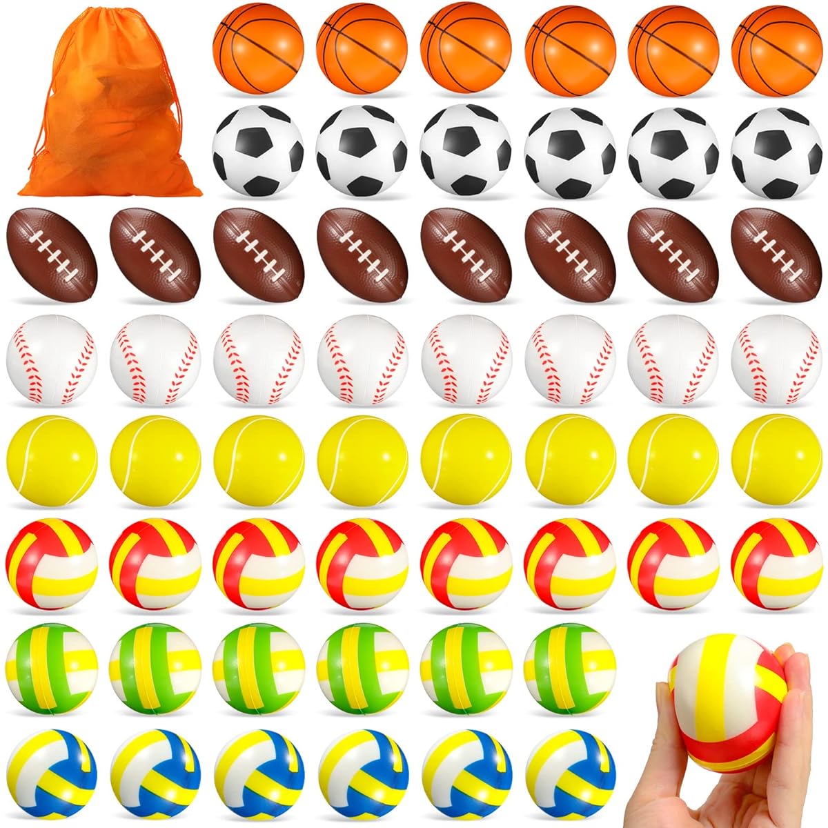 Sports Stress Balls 96 Pieces 2.5 Inch Mini Foam Balls Pool Beach Toy Storage Bag for Basketball Football Baseball Soccer Tennis Volleyball Birthday Party Favor Stress Relief Reward