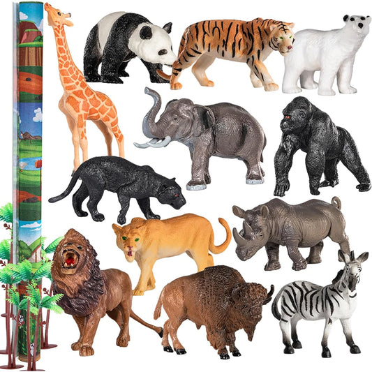 TEMI 12 Pack Zoo and Safari Animal Toys for Ages 3-5, Jungle Wildlife Realist Animal Figures Playset with Lion Tiger Panda Playmat - Party Favors Gifts for Toddlers, Boys and Girls 1-3