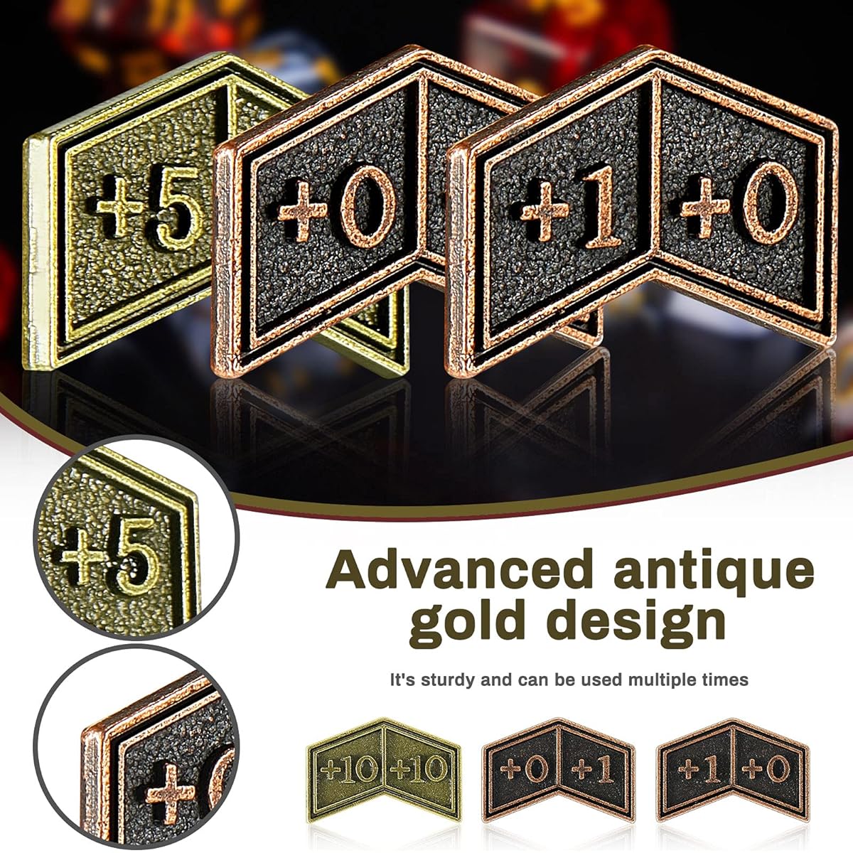 60 Pieces Metal Counters with Velvet Drawstring Pouch Antique Gold Metal Tokens Double Sided Magic Gathering Counters Compatible with CCG MTG