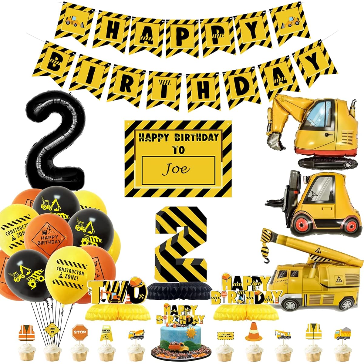 Construction Birthday Party Supplies for Kids 2nd Birthday Party Dump Truck Balloons Happy Birthday Banner Number 2 Balloons Cupcake Toppers for Boys Birthday Decorations Pack of 40