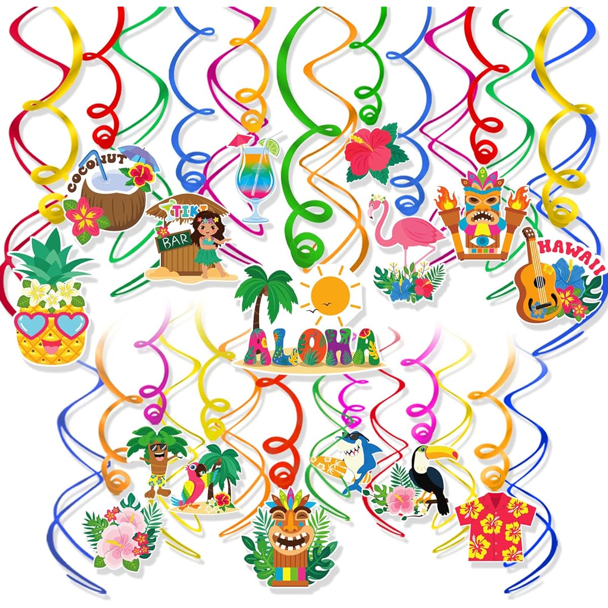 HOWAF 30 Pieces Hawaiian Tropical Luau Party Hanging Swirls Tropical Flamingo Parrot Palm Foil Ceiling Swirls Decorations Pineapple Spiral Streamers Summer Beach Tiki Party Decorations Supplies