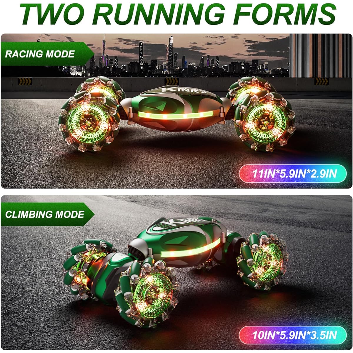 Resosese RC Car 2071 Stunt Car Double Sided Rotating 6WD Off-Road with Lights Toy Car Green with Lights