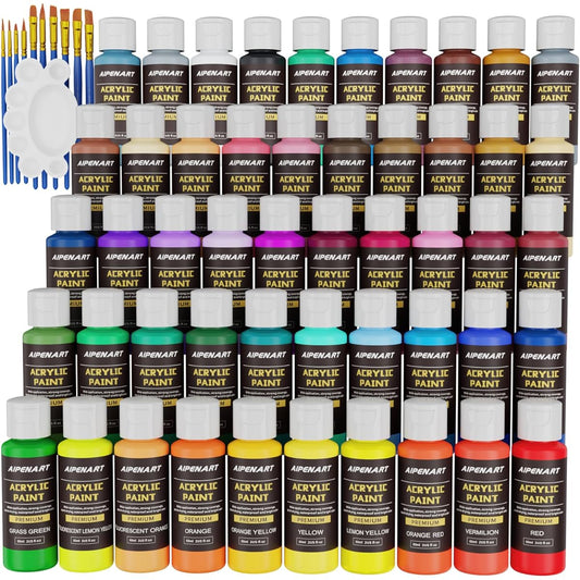 Acrylic Paint 50 Colors Set (60ml, 2oz) with 10 Brushes, Art Supplies for Canvas Fabric Clothes, Ceramic Rock & Paquin Decor Artist, Adults, Beginners, Painting Art Craft Kits…