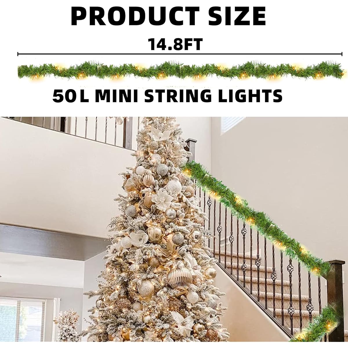 Nerosun 14.8ft Artificial Christmas Garland, LED Mini String Lights with 35 Lights, Battery Operated Christmas Garland for Home Stair Railing Indoor Wedding Party Ornaments Christmas (Warm White)