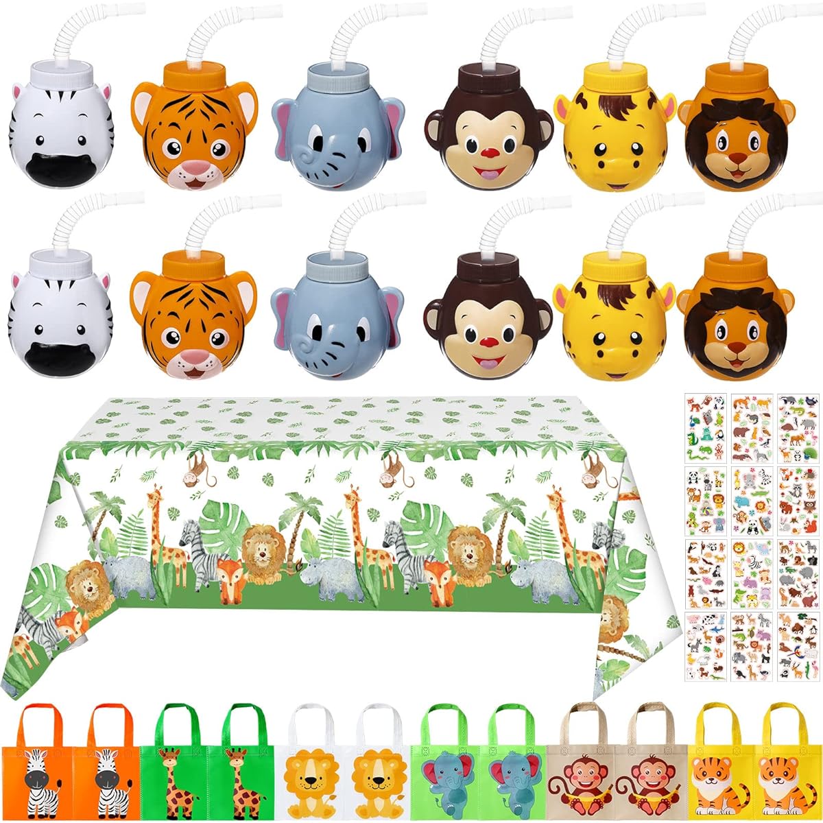 38 Piece Zoo Animal Favors Set - 2 Jungle Tablecloths, 12 Animal Cups with Straws, 12 Jungle Favor Bags, 12 Jungle Animal Stickers, Jungle Party Favors for Boys Kids Birthday Party Supplies