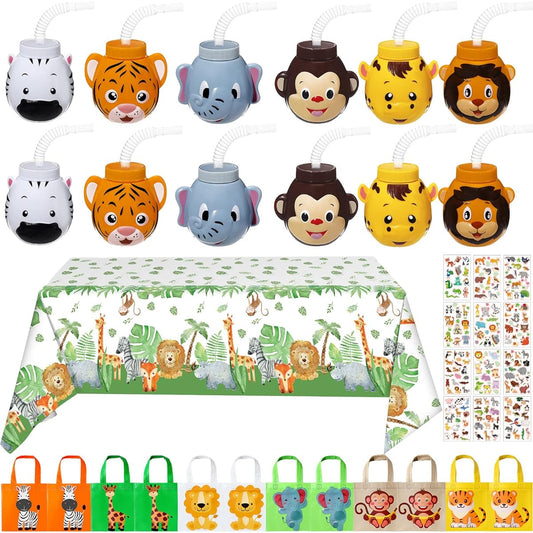 38 Piece Zoo Animal Favors Set - 2 Jungle Tablecloths, 12 Animal Cups with Straws, 12 Jungle Favor Bags, 12 Jungle Animal Stickers, Jungle Party Favors for Boys Kids Birthday Party Supplies