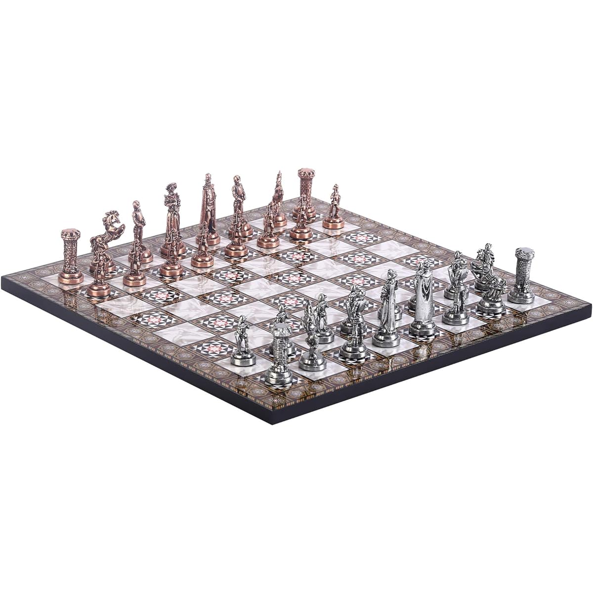 Medieval British Army Antique Copper Metal Chess Set for Adults, Handmade Pieces, Mosaic Design, Wooden Chess Board, King, 2.75"