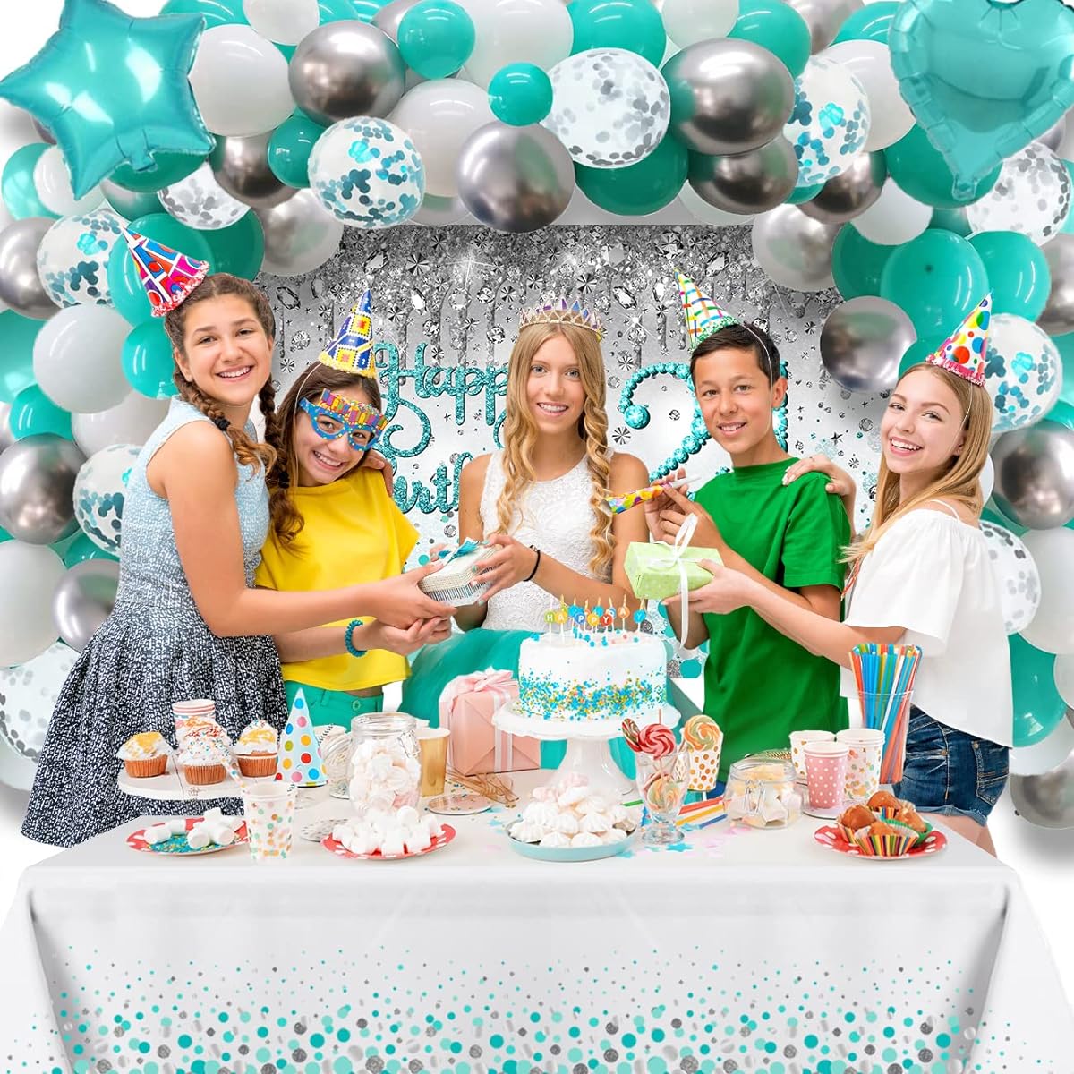 Happy 21st Birthday Decorations - Teal 21st Birthday Decorations for Girls Happy Birthday 21 Backdrop Birthday Sash Teal Blue Balloons Garland Kit Teal Dot Disposable Tablecloth