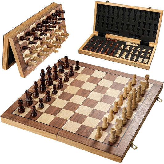 Wooden Chess Set 15" Magnetic Folding Portable Compact Travel Chess Board Handcrafted Set with Beautifully Carved Pieces + Foam Storage Slots + 2 Extra Queens + Gift Box for Kids Adults Beginner Set