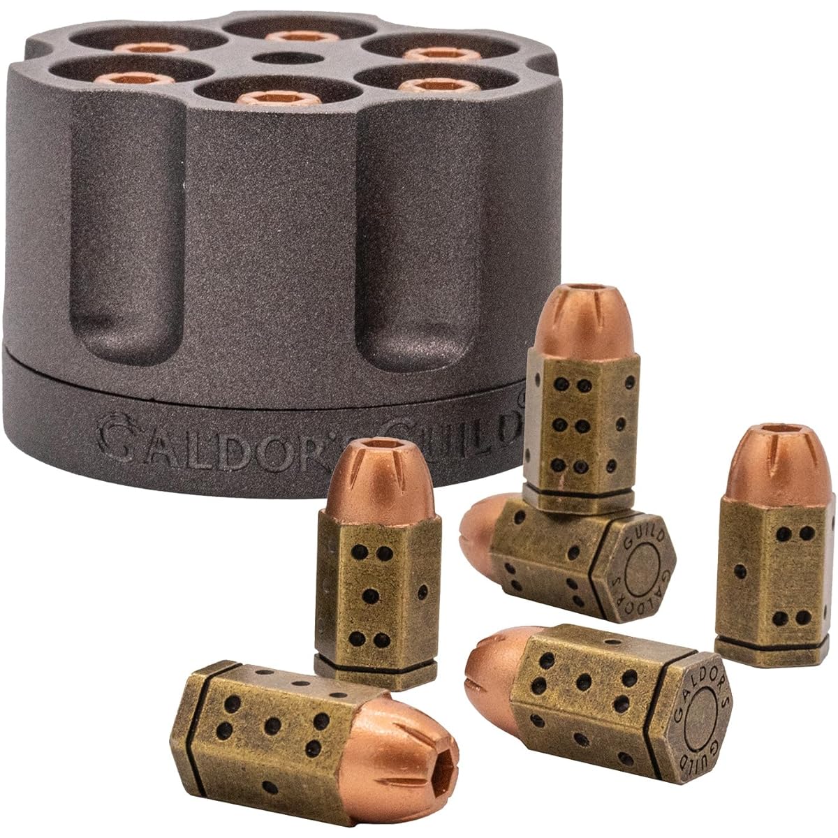 Metal Bullet Dice & Revolver Cylinder Holder | 6 D6 Roleplaying Dice Set & Storage Case | Compatible with Dungeons & Dragons, Warhammer 40K & Cyberpunk Tabletop RPGs | Unique DND DM Gift Accessory