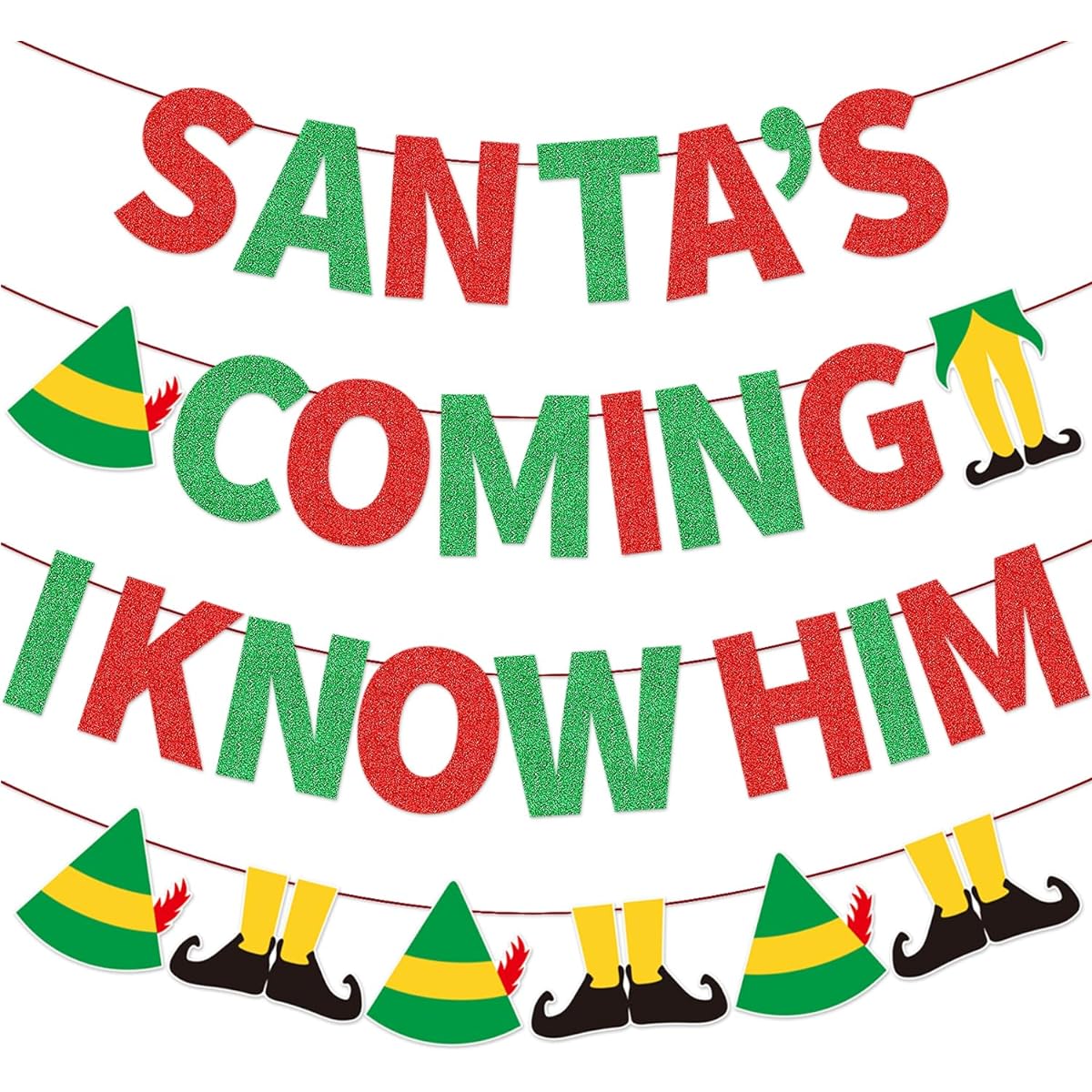 Red and Green Glitter Santa I Know Him Banner with Elf Movie Sign Christmas Party Decorations Elf Friends Banner Decoration Elf Movie Cutout Santa I Know Him Christmas Mantle Home Decoration (Santa!i know him)
