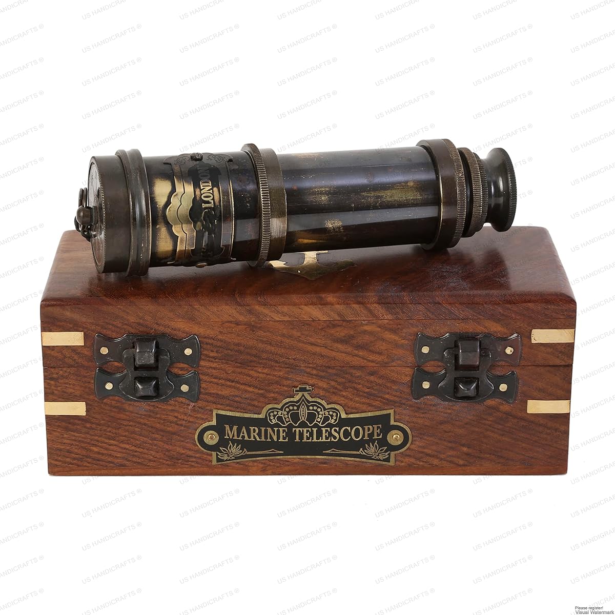 Vintage Nautical Handheld Brass Telescope with Wooden Box???Nautical Captain Spyglass
