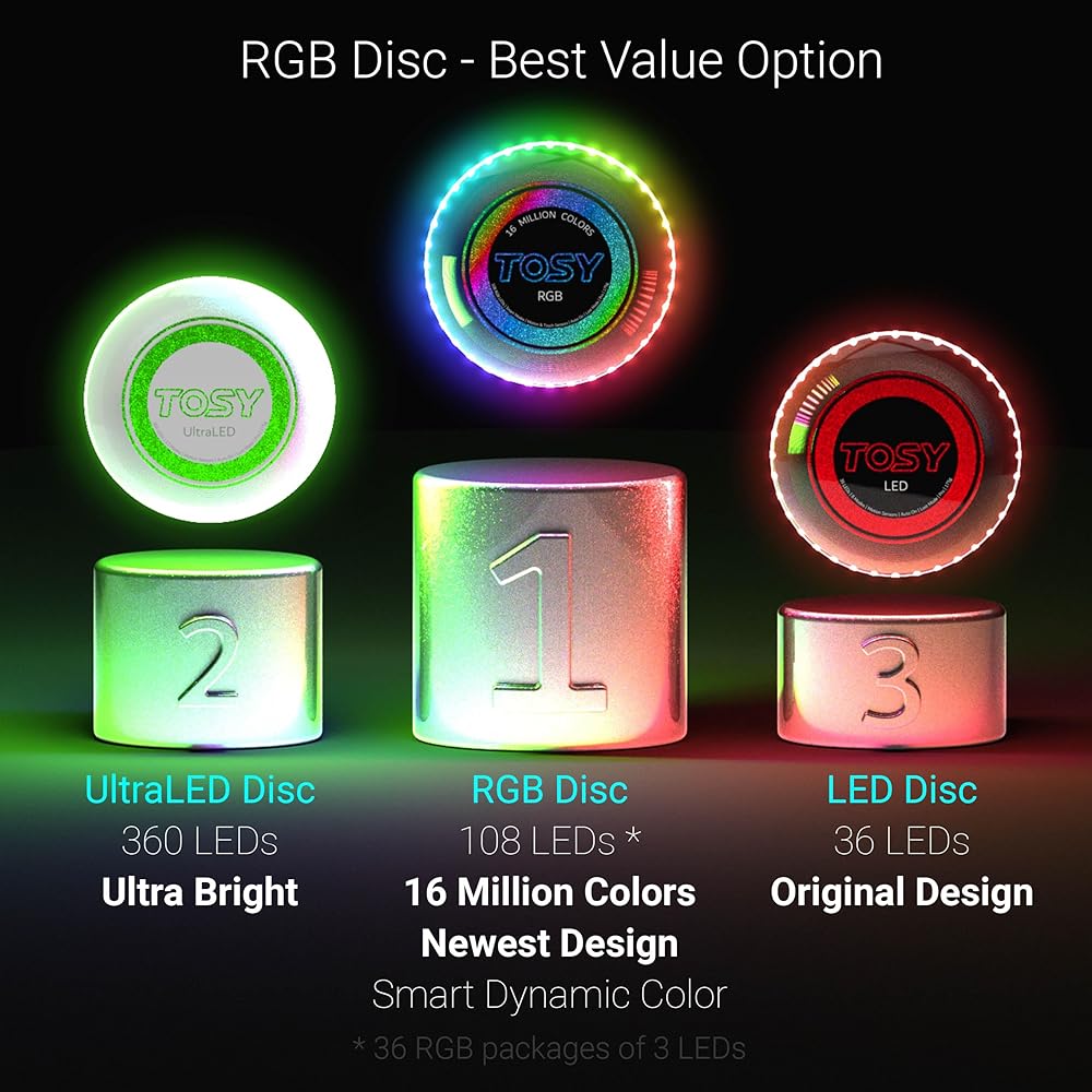 TOSY Flying Disc - 16 Million Colors RGB or 36 LEDs, Super Bright, Smart Mode, Auto Light Up, Rechargeable, Christmas, Birthday, Camping Gift for Men/Boys/Teens/Kids, 175g Frisbee