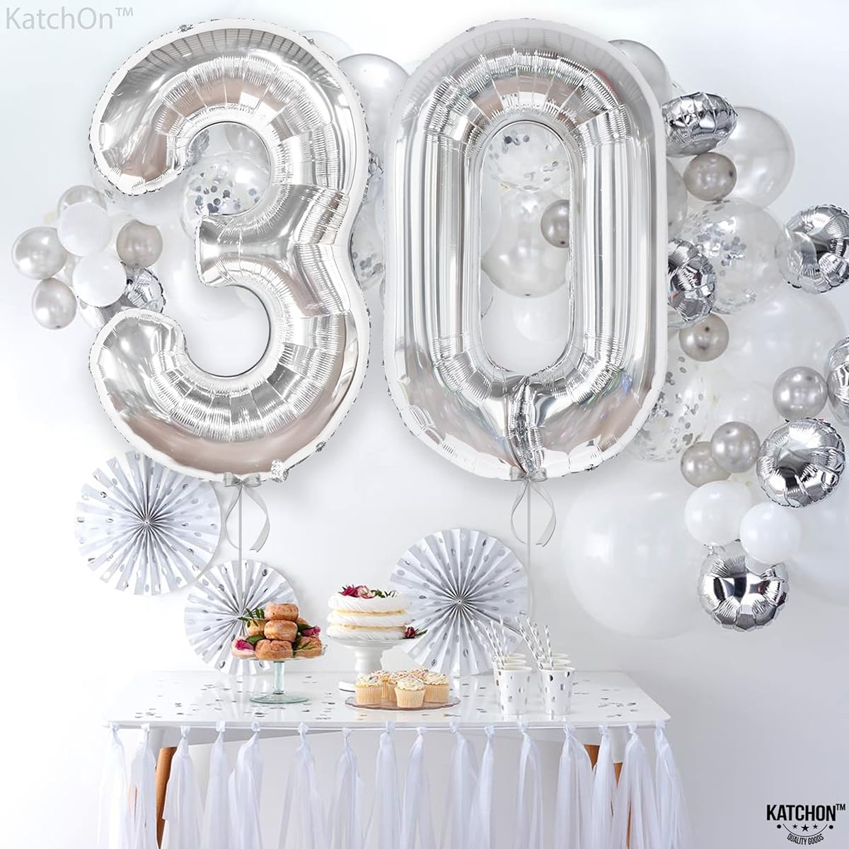 KatchOn 30pcs Silver Balloon Number Set - Giant 40 Inch | 30th Birthday Balloons for Him | 30pcs Silver Balloons for 30th Birthday Decorations | 30pcs Blow Up Balloons, 30th Balloons for Her