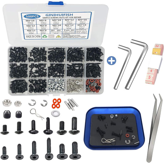 500pcs RC Screw Kit Repair Tool M3 M4 Hexagon Screws RC Repair Tool Kit with Magnetic Screw Tray Hardware Set for 1:8 1:10 1:12 1:16 Traxxas Axial Redcat HSP HPI Arrma Losi Scale RC Car