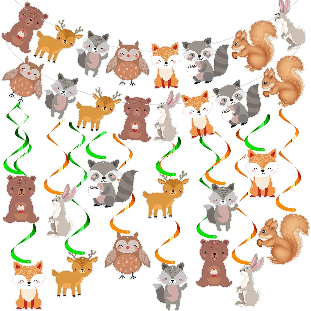 Woodland Party Decorations Woodland Animal Banner Woodland Creatures Hanging Swirl Ceiling Streamers Woodland Animal Banner Baby Shower Boy and Girl Birthday Party Decorations 34 Pieces