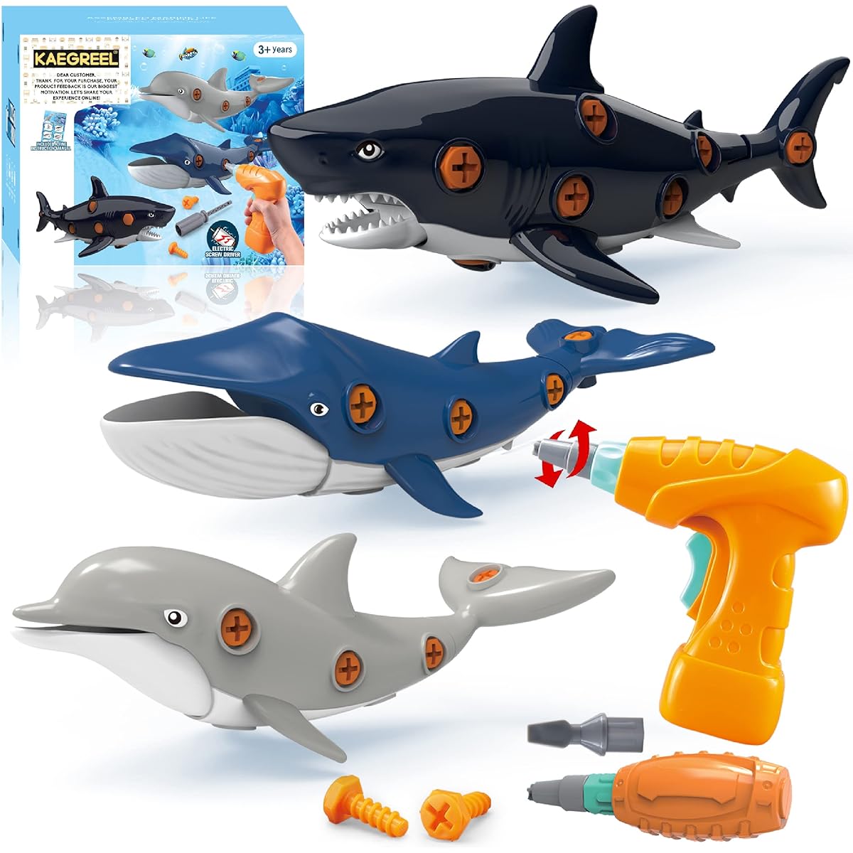 KAEGREEL Shark Take Apart Toy for Kids Assemble and Disassemble Ocean Fish Toy with Power Drill Driver, STEM Learning Building Toys for Boys and Girls, Birthday Gift for Ages 3, 4, 5, 6, 7, 8