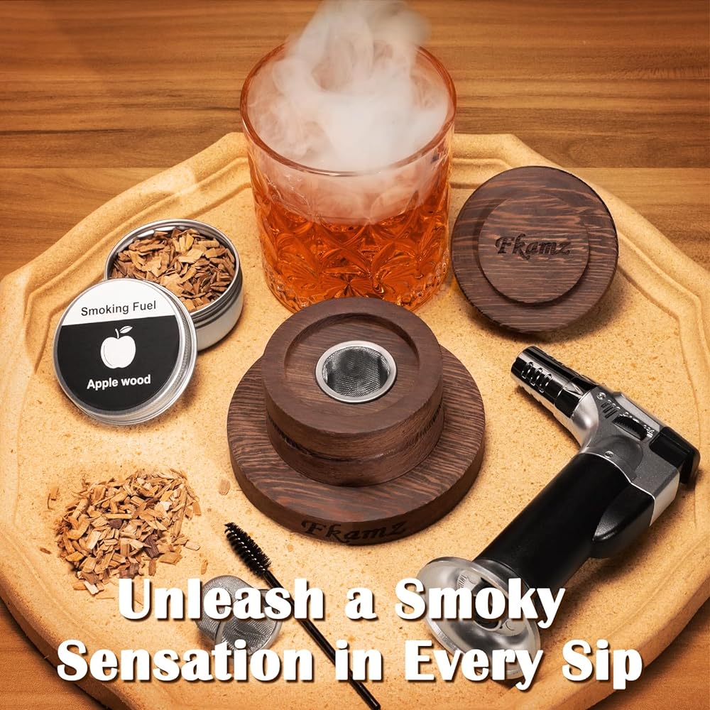 Fkamz Whiskey Smoker Kit with Torch Cocktail Smoker Kit 6 Flavor Wood Chips Old Fashioned Drink Smoker Infuser Kit Gift for Men (No Butane)