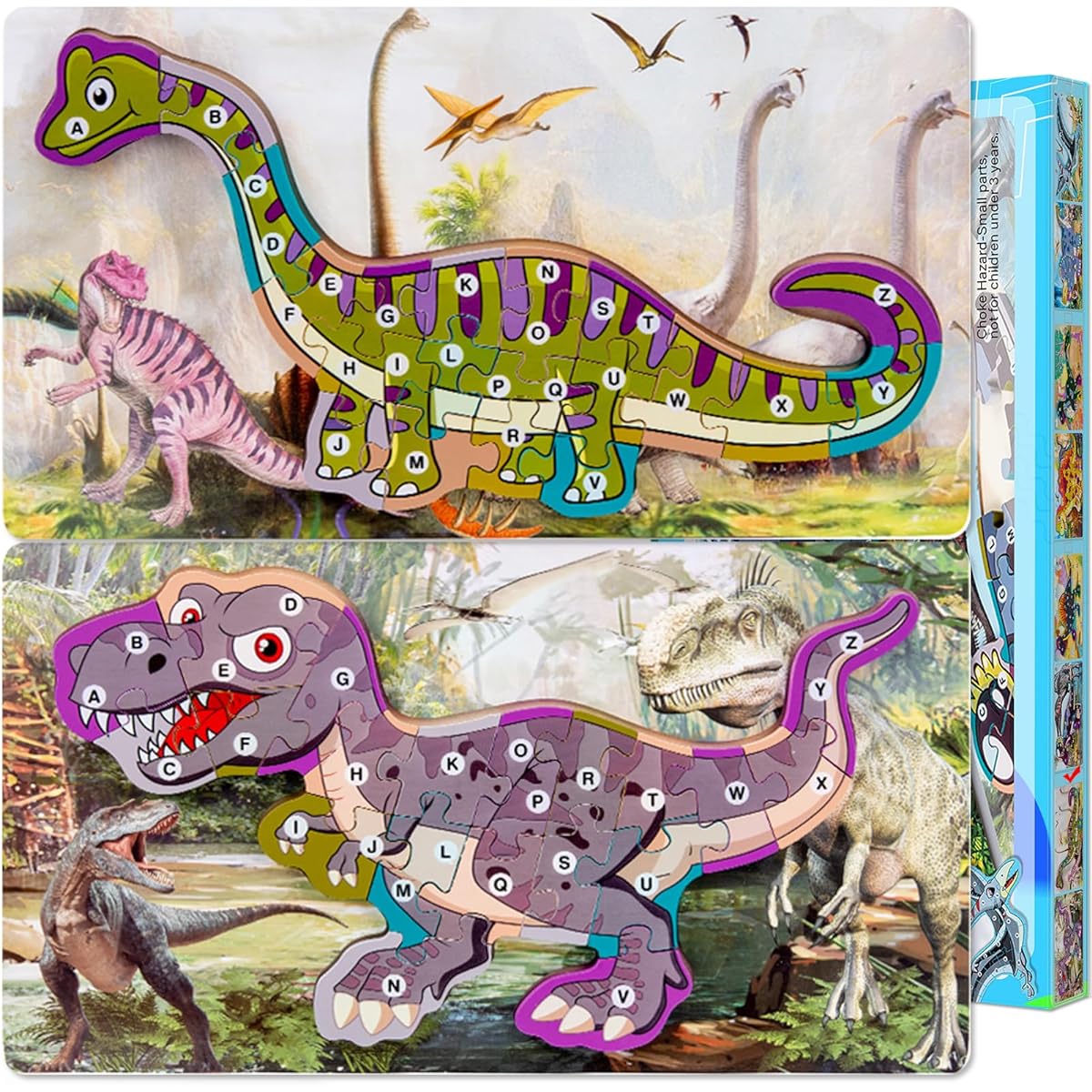 weallbuy Wooden Toddler Puzzle 2 Piece Large Dinosaur Puzzle Toddler Wooden Puzzle Toys for Ages 2 3 4 5 Years Toddler Boys Girls (Tyrannosaurus Rex + Long Neck) Dinosaur