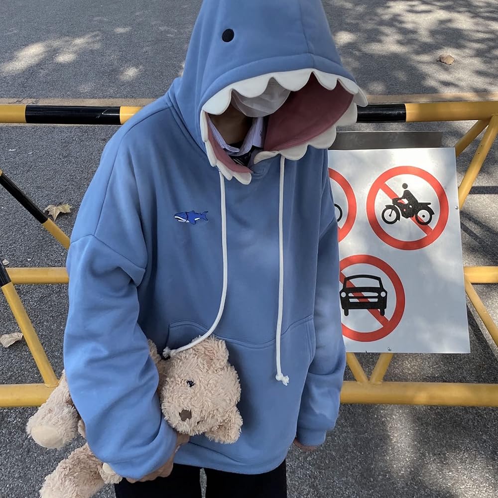 [TOWYYO] Hoodie, Unisex, Cute Shark Pullover, Long Sleeve, Hooded, Korean Fashion, Warm, Large Size, Autumn, Winter, Spring, Women, Men, Blue