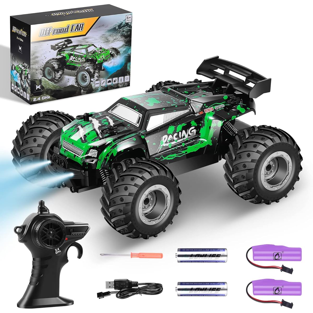LXL1115b617Rcjoyou RC Cars,All Terrain Remote Control Car,2WD 2.4 GHz Off Road High Speed 20 Km/h RC Monster Truck Racing Cars with LED Headlight and Two Batteries, Xmas Gifts for Kid and Adults