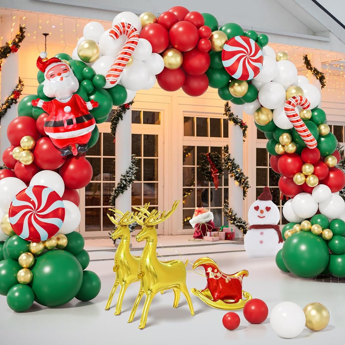 Christmas Balloon Garland Arch Kit 134 Pieces Christmas Green Red White Gold Balloon Garland Kit Candy Cane Foil Balloon Elk Santa Claus Balloon New Year Christmas Party Decoration