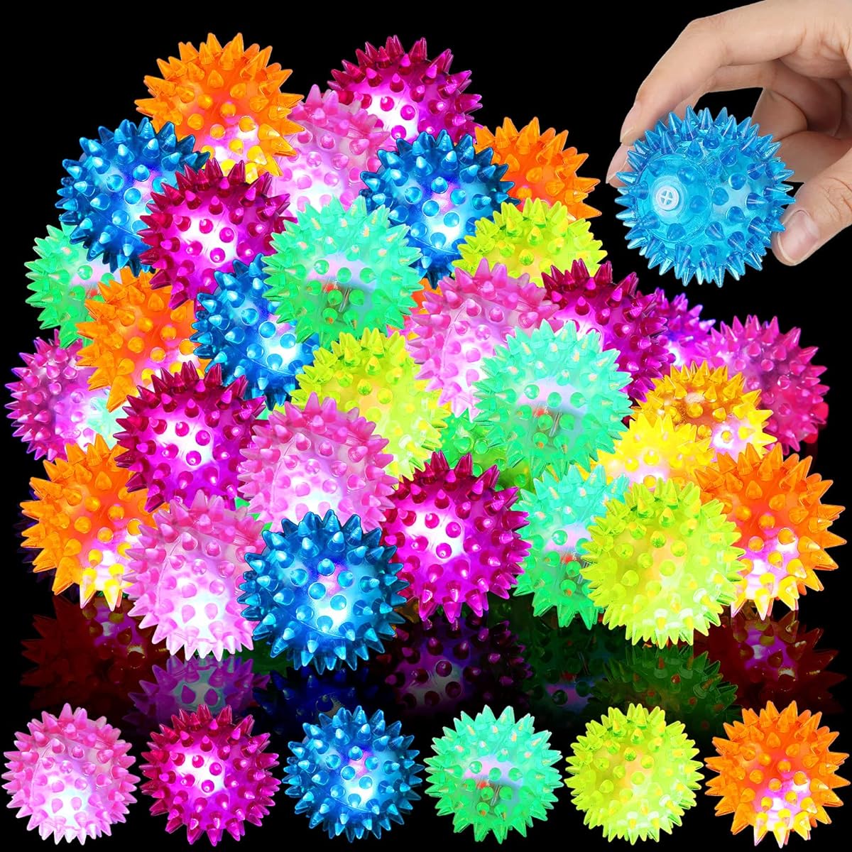 Light Up Spikes Rubber Ball Light Up LED Spikes Ball Strobe Flashing Lights Sensory Toy Builder Blinking Sensory Bouncy Flash Stress Ball Therapy Ball for Adults Teens 2.17"