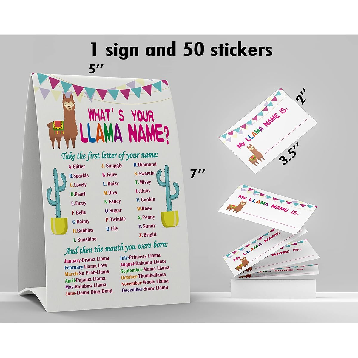 What's Your Llama Name Game, 1 Llama Theme Sign and 50 Name Tag Stickers for Kids and Adult Parties, Activity Game, Office or Classroom F011