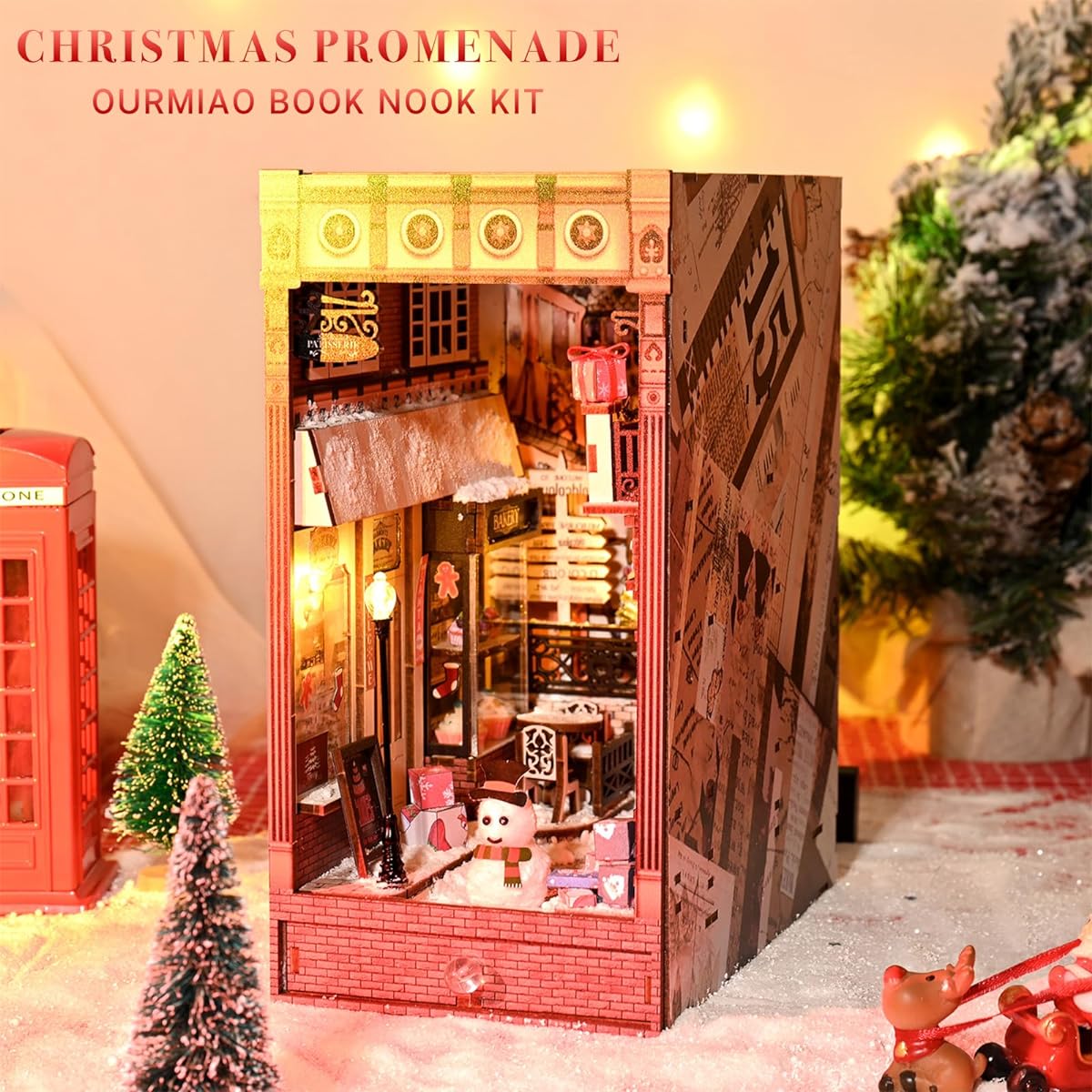 OurMiao Book Nook Kit DIY Book Nook Dollhouse with LED Light 3D Wooden Model for Adults Teens Bookshelf Insert Desk Decor Home Decoration Christmas Promenade