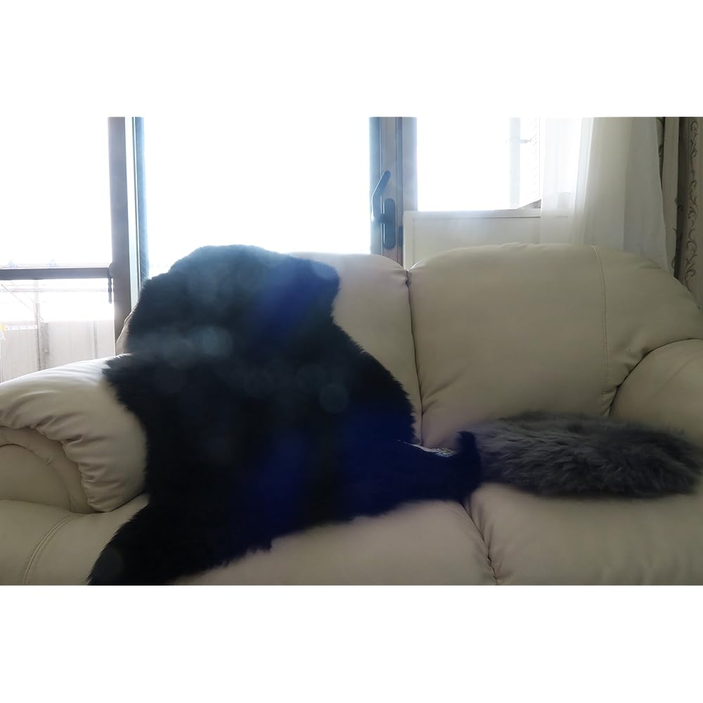 FURFURMOUTON Shearling Rug Shearling Fleece Made in Australia Natural Fluffy Soft Luxury Rug Dining Living Room Sofa Mat (1 animal, BLACK)