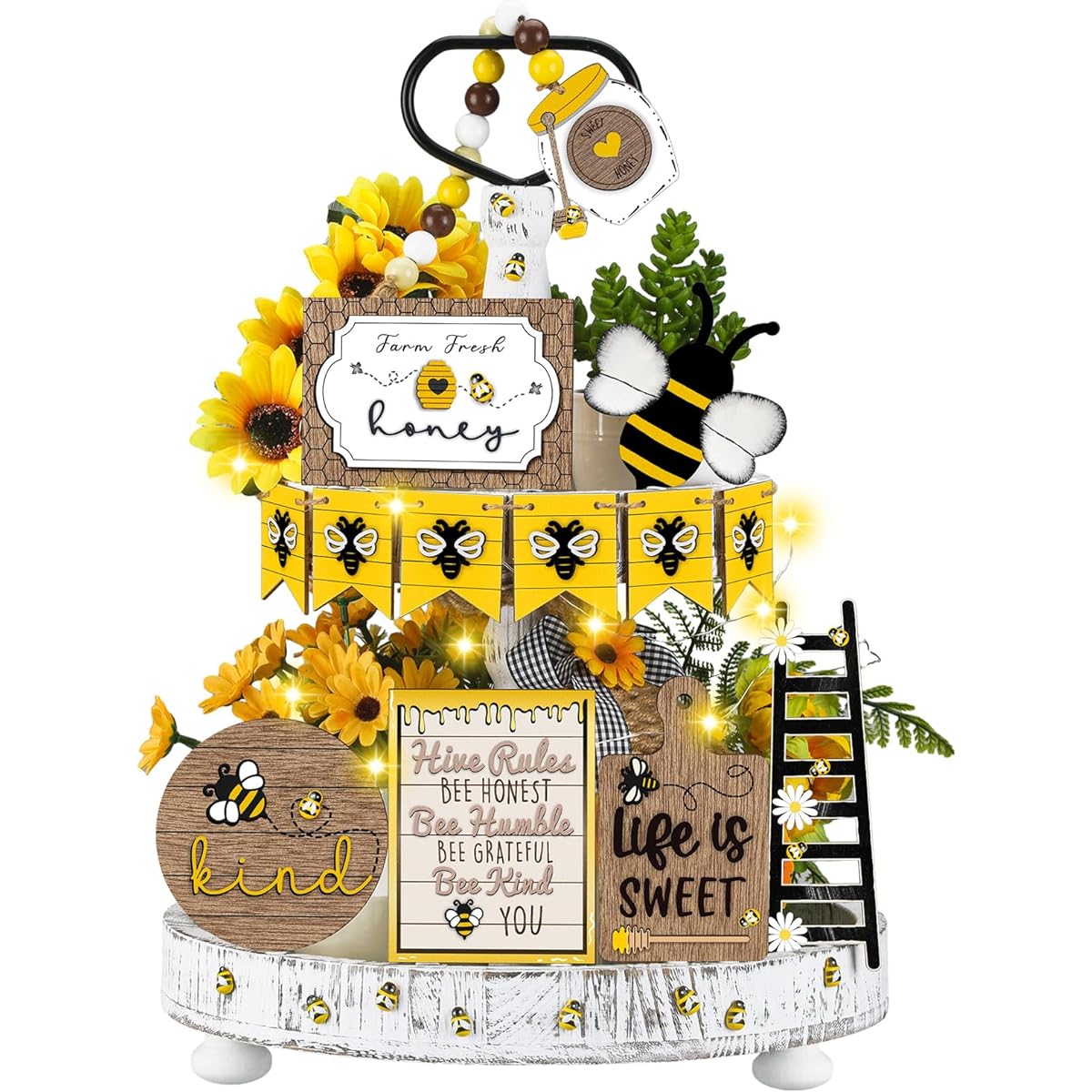 Seeloowy 21 Pieces Bee Tiered Tray Decor Set Bee Tree Table Sign Spring Nest Honey Table Top Decor Summer Farmhouse Centerpiece Decor Kitchen Party Favors for Home Table Shelf