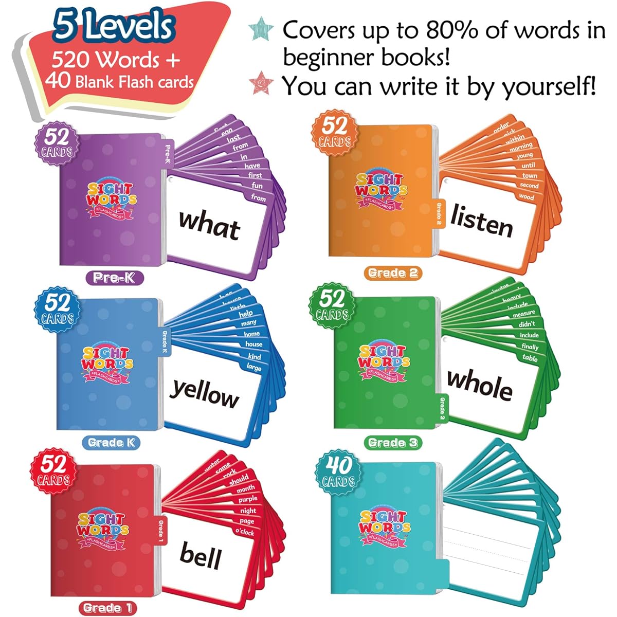 Torlam 520 Sight Words Flash Cards Preschool Homeschool Supplies with Card Folder & Rings Dolch Fry High Frequency Sight Words Pre-k Kindergarten 1st Grade 2nd Grade 3rd Grade