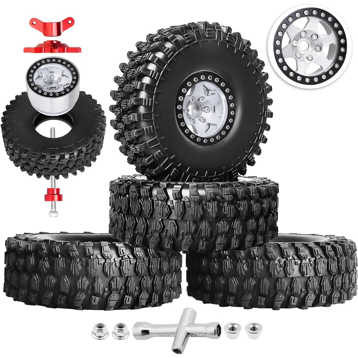 Hobbypark 1.9 Beadlock Wheels and Tires 120mm/4.72" Height for 1/10 RC Crawler with Foam Inserts, Set of 4 (Grey & Black)