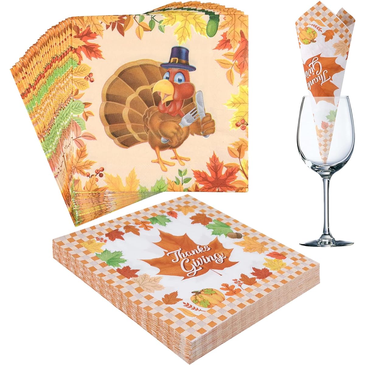 PLULON Thanksgiving Napkins, Fall Leaves Paper Napkins Turkey Guest Napkins Fall Harvest Party Supplies Thanksgiving Dinner Table Decorations 60 Pieces
