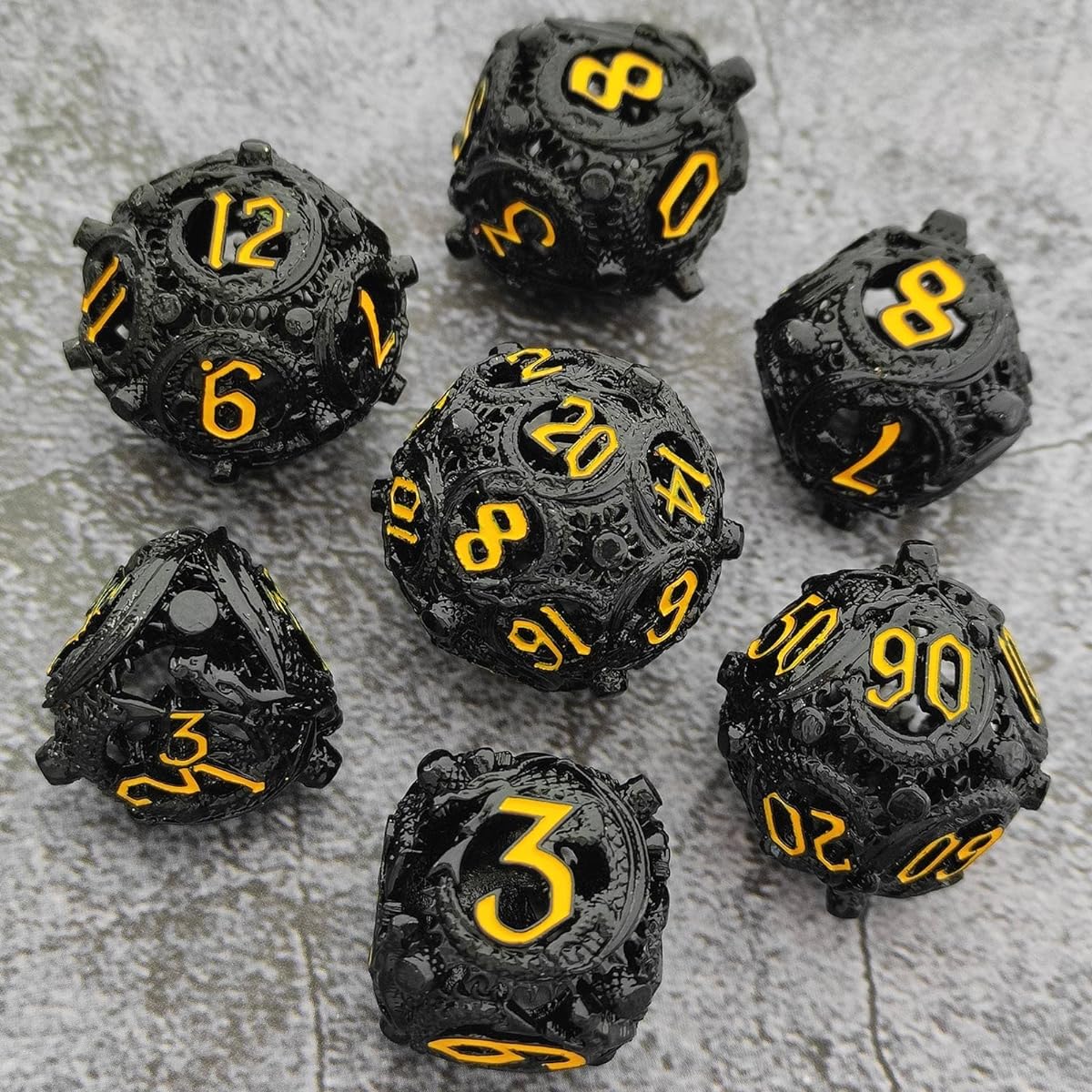 AHDKEJG Metal Hollow Dragon DND Dice Set 7pcs D&D Dungeons and Dragons Polyhedral MTG RPG Role Playing Pathfinder Board Game with Gift Metal Box D20 D12 D10 D8 D6 D4-Black Yellow