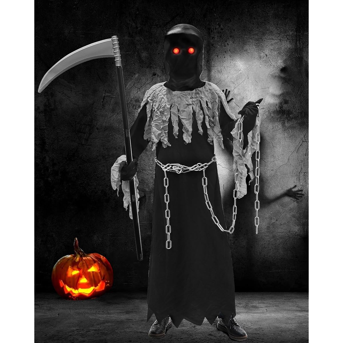 Woochic Grim Reaper Costume for Kids, Scary Halloween Costume with Scythe and Chains and Glowing Red Eyes for Kids Boys and Girls